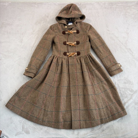 Polo Ralph Lauren Toggle Hooded Dress Coat Girls 10 Brown Glen Check Wool Sample
